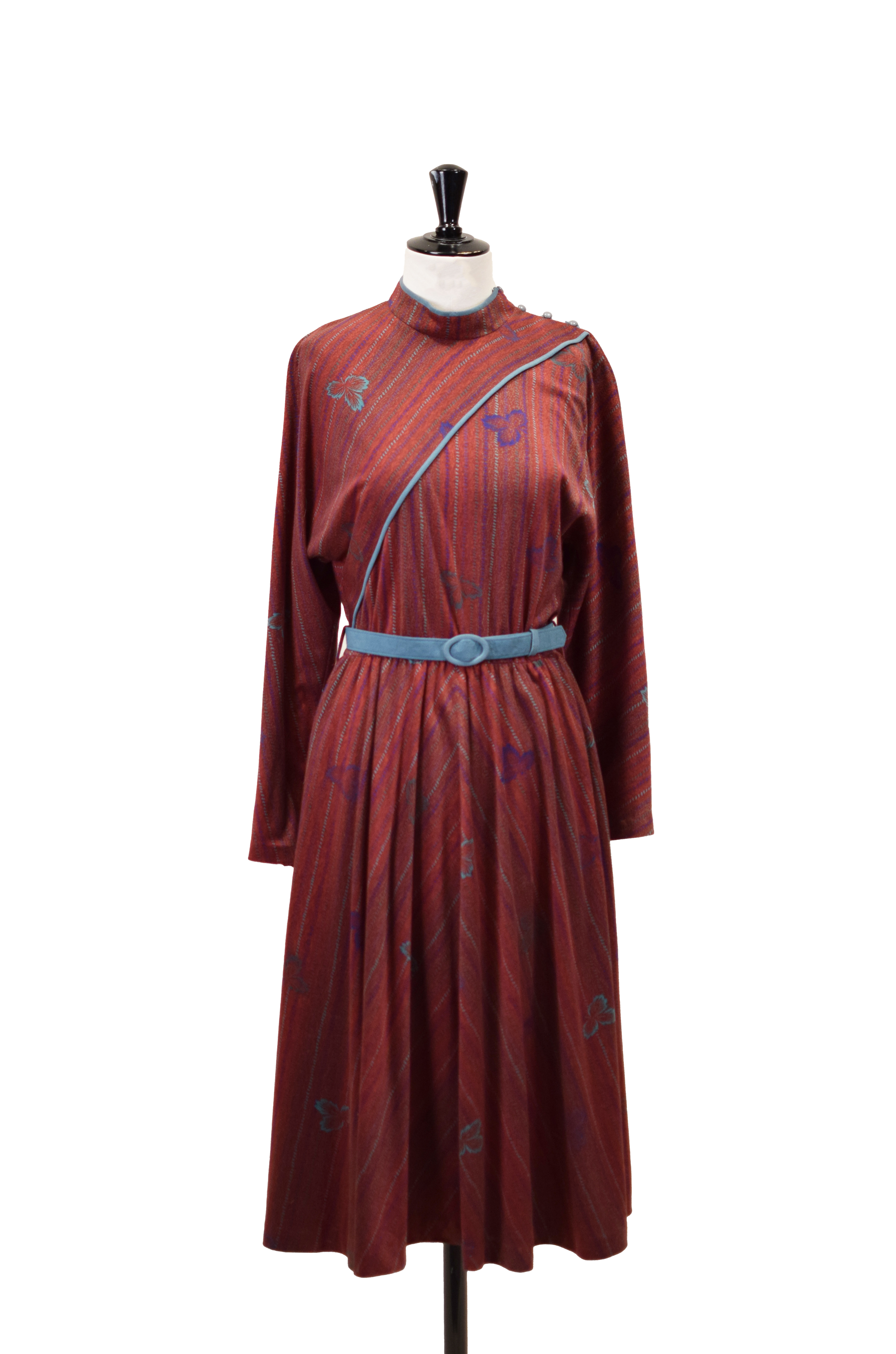 Burgundy Textured Midi Dress with Belt