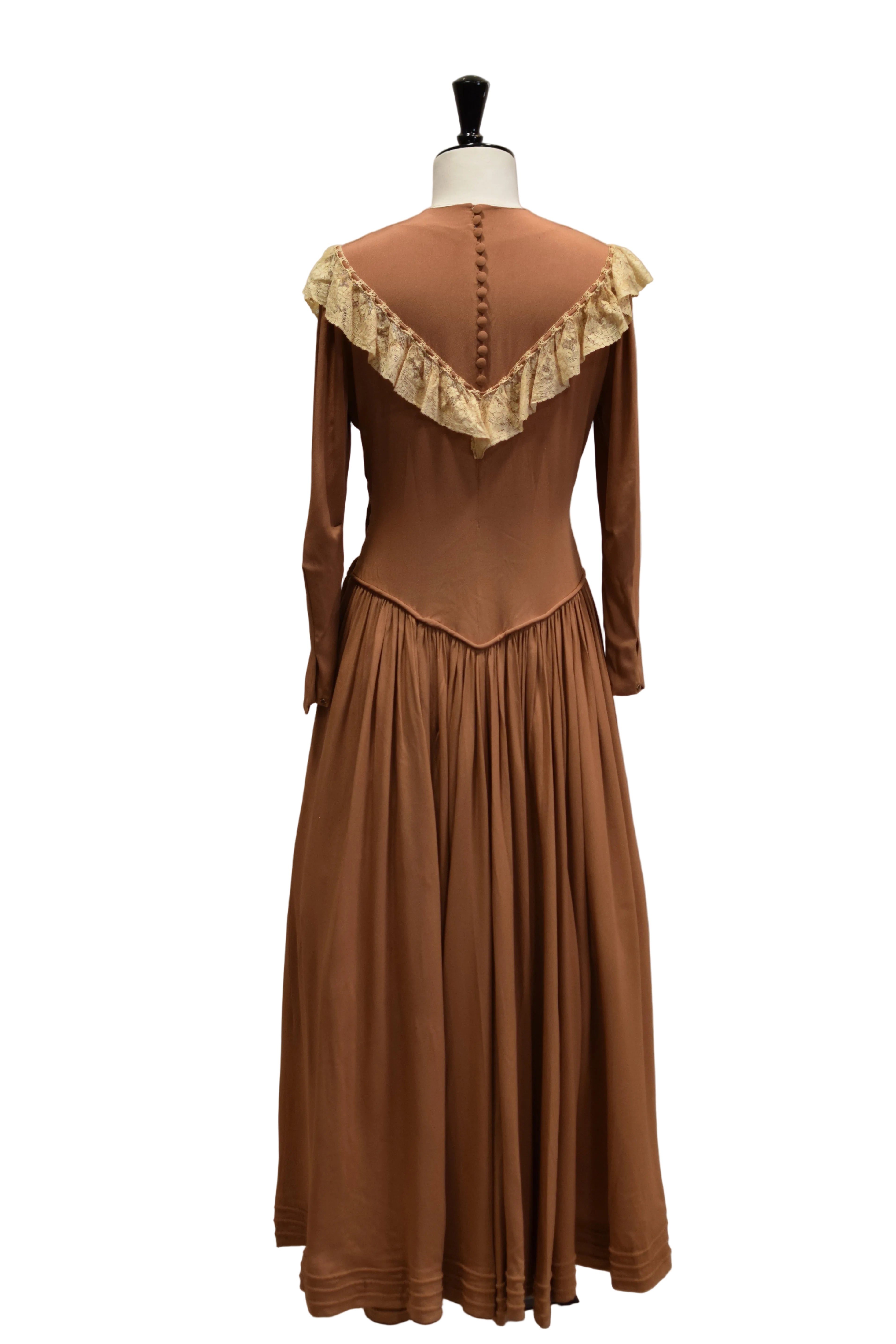 Brown Long Dress with Lace Ruffle Collar