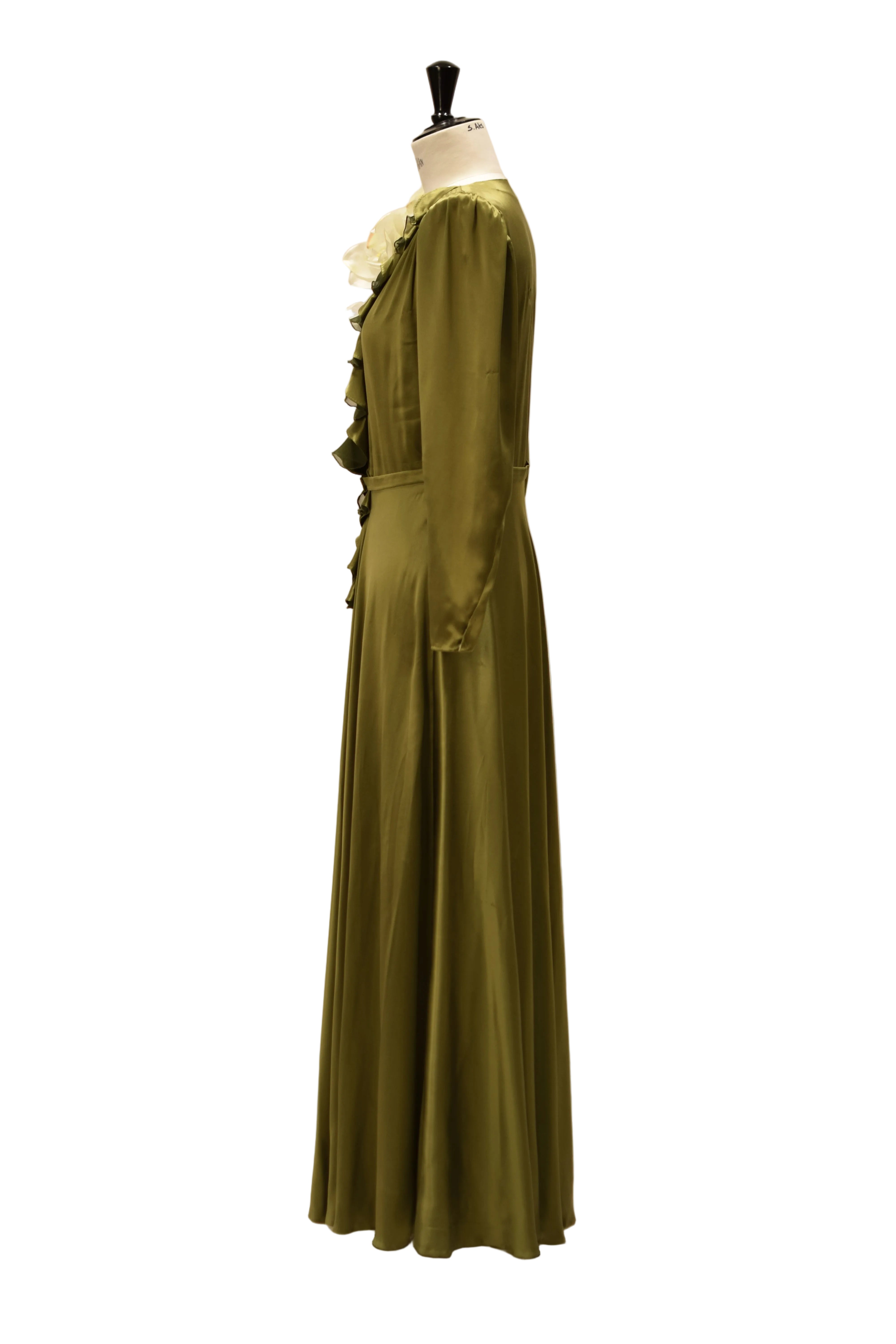 Green Gown with Ruffles and Floral Detail
