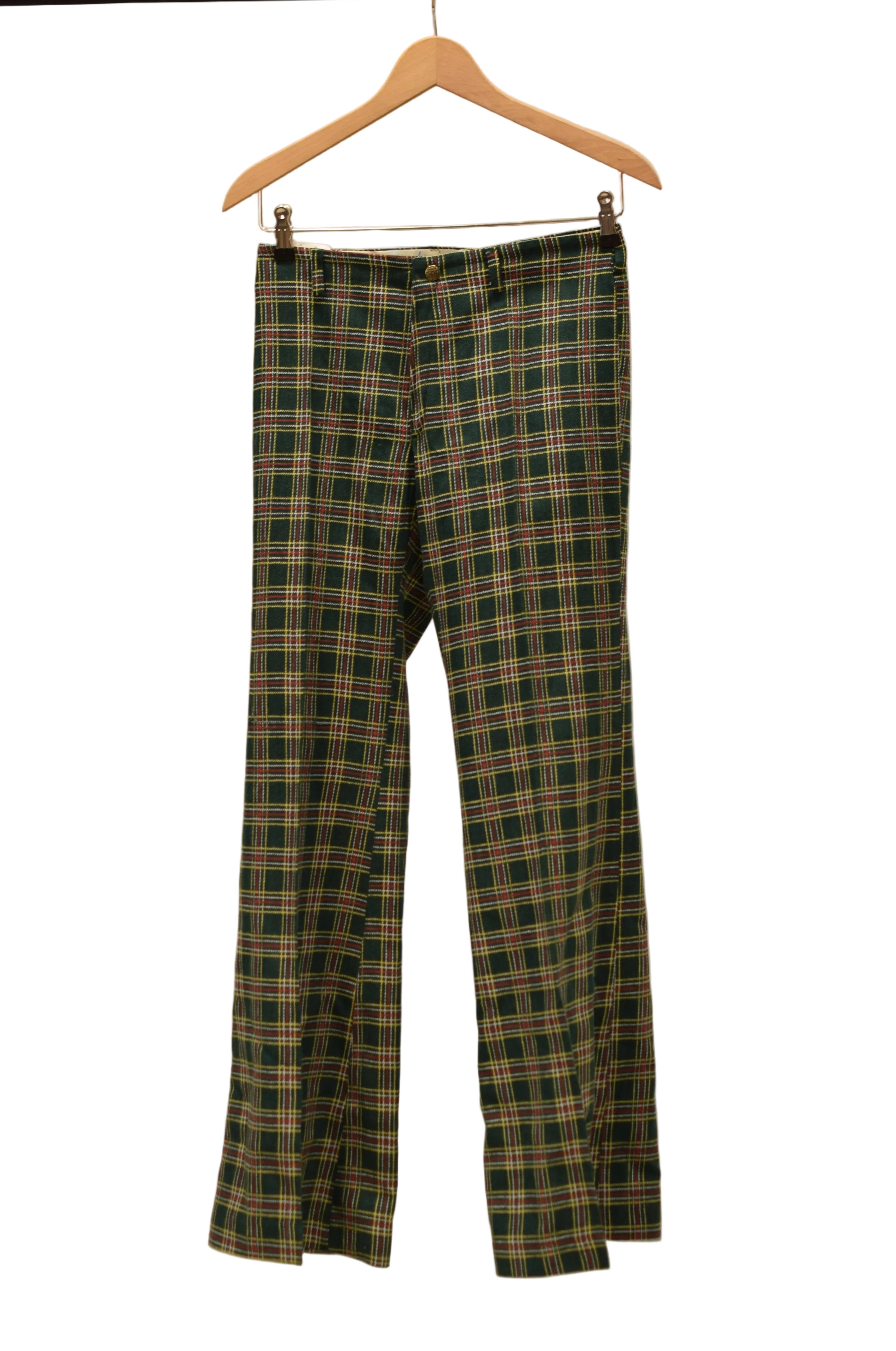 Trousers, green plaid.